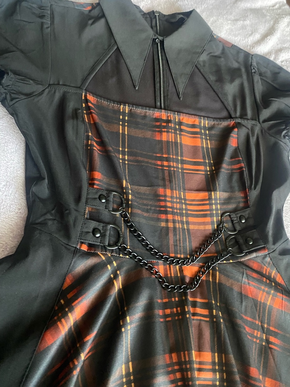 Killstar Amberic Tartan Dress Black Orange Plaid Chain Goth Punk M - Picture 2 of 10